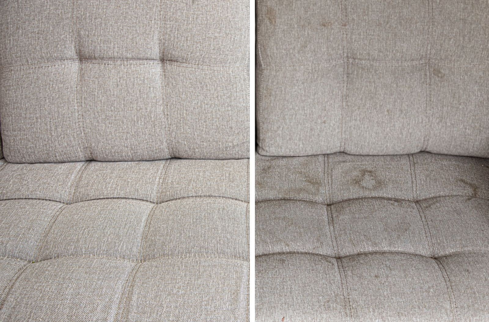 Upholstery fabric shown before and after cleaning
